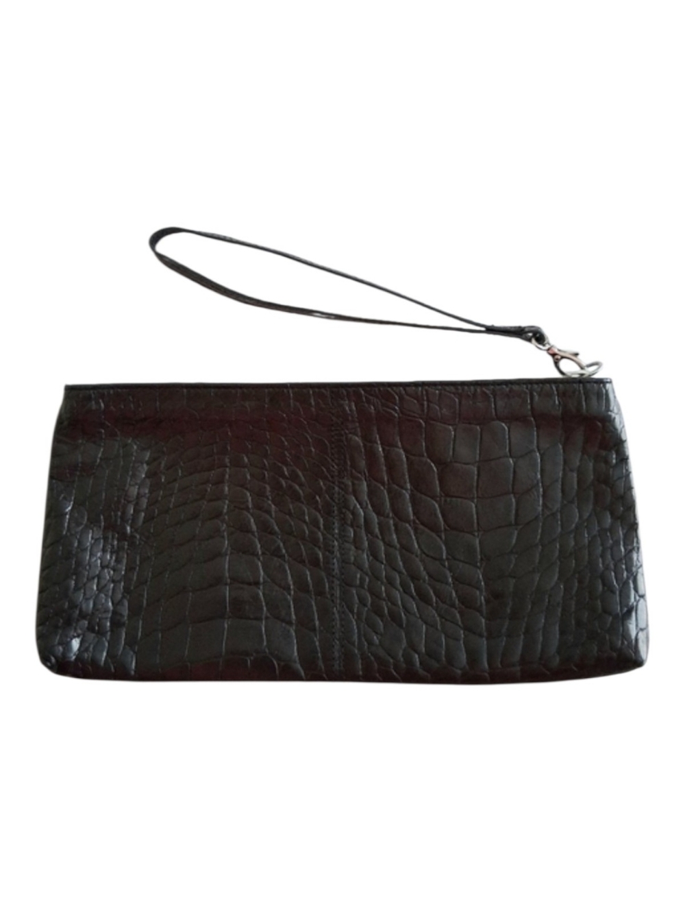 Lodis Crocodile Embossed Leather Wristlet Clutch Black